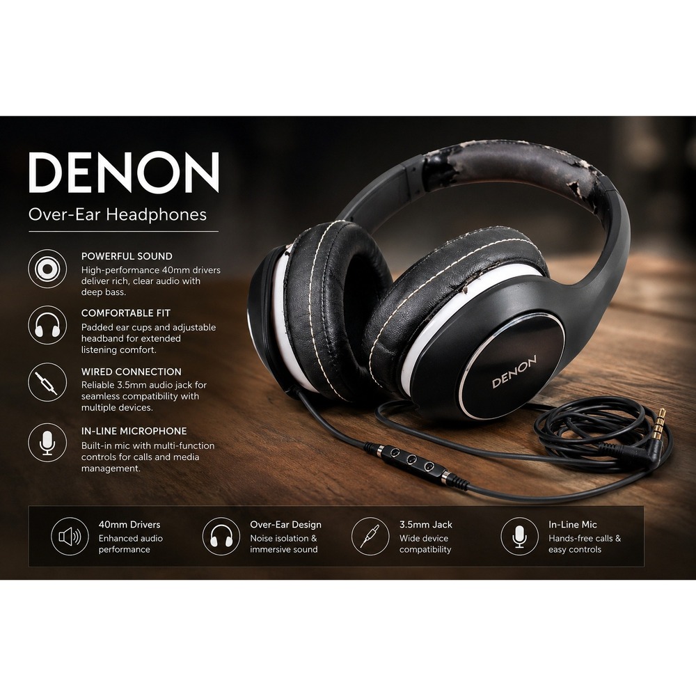 Denon AH-D340 Music Maniac On-Ear Headphones Black Silver Wired AH-D340